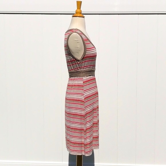 Max Studio Striped Summer Sleeveless Khaki Tan Cream and Coral Dress Size Medium - Picture 8 of 13